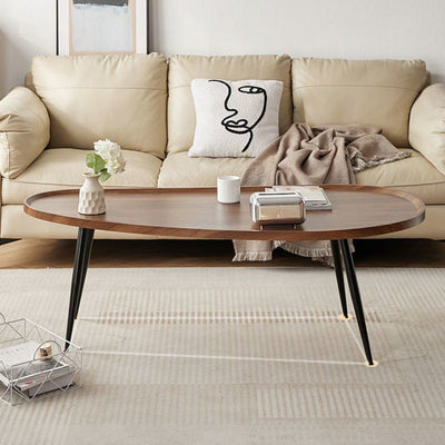Mesa de café de hierro con forma ovalada y densidad de mango escandinava contemporánea de 4 patas para sala de estar 
