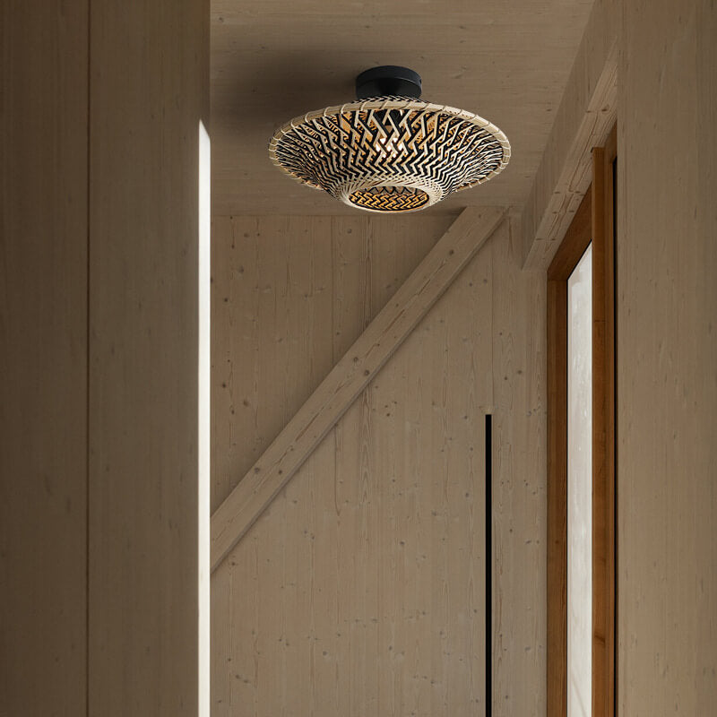 Plafonnier semi-encastré en forme de soucoupe volante à 1 lumière en tissage de bambou Zen chinois 