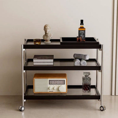 Table d'appoint carrée minimaliste moderne en acier inoxydable, verre et bois avec roulettes triple pour salon 