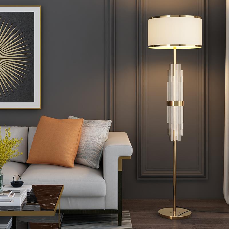 Contemporary Scandinavian Luxury Round Fabric Glass Column 1-Light Standing Floor Lamp For Living Room