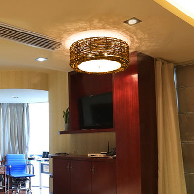 Lustre de plafond à montage affleurant avec tissage en rotin rustique traditionnel à 1 lumière pour salon 