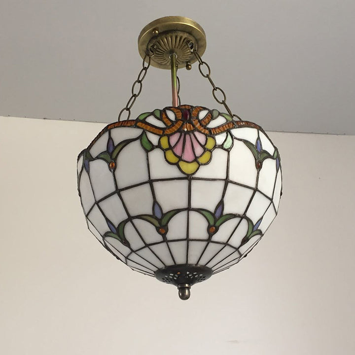 Traditionelle Tiffany Halbkugel Blumenkaromuster Eisenglas 2-flammige Pendelleuchte für Schlafzimmer 