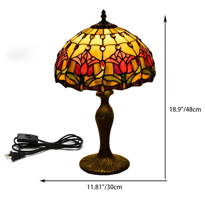 Lampe de table traditionnelle Tiffany en verre teinté avec dôme de tulipe rouge et base en aluminium à 1 lumière pour chambre 
