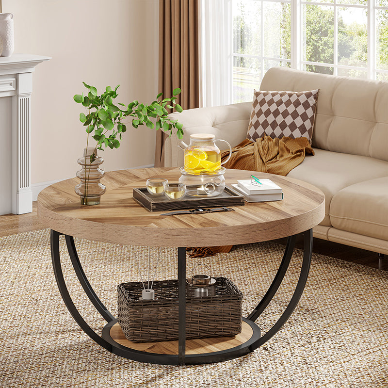 Mesa de café moderna de lujo redonda de tablero de densidad de acero con 1 estante para sala de estar 