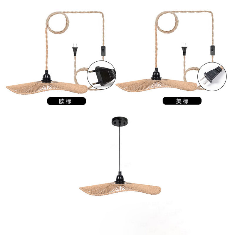 Chapeau traditionnel rustique en paille tissée, corde en papier de fer, suspension à 1 lumière pour salon 