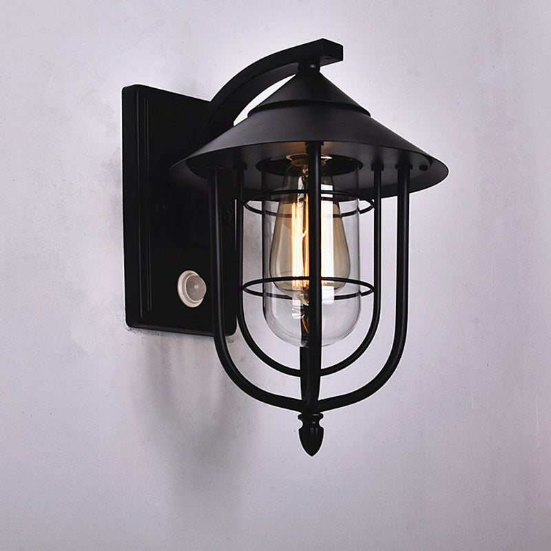 Zeitgenössische industrielle menschliche Wahrnehmung Eisen Glas 1-Licht Außenwandleuchte Lampe für Garten 