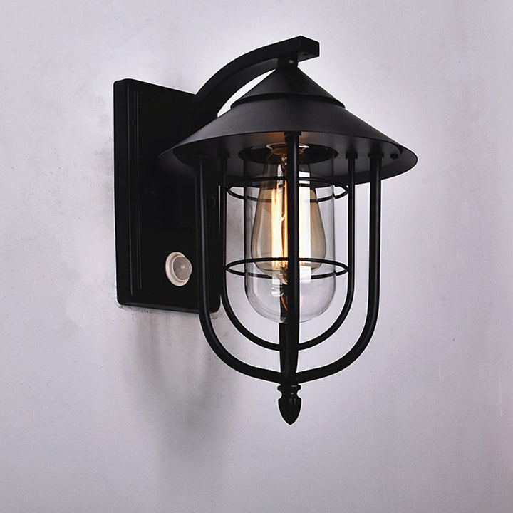 Zeitgenössische industrielle menschliche Wahrnehmung Eisen Glas 1-Licht Außenwandleuchte Lampe für Garten 