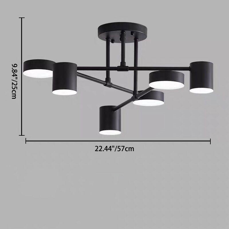 Zeitgenössische nordische Eisen Aluminium Acryl Runde Zylinder Zweig LED Semi-Flush Mount Deckenleuchte für Wohnzimmer 