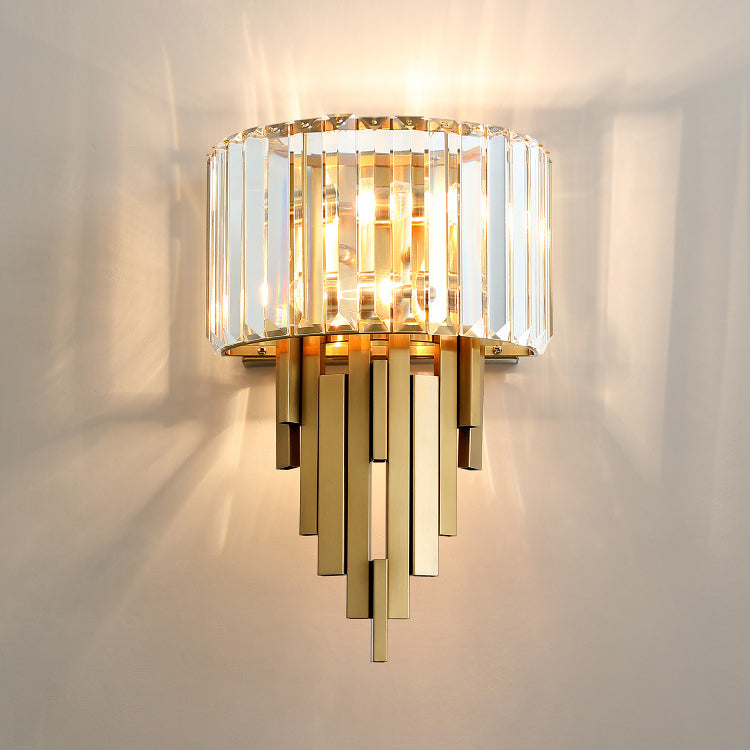Zeitgenössische Luxus Metall Hardware Kristall Zylinder Streifen Rhombischen 2-Licht Wand Leuchte Lampe Für Wohnzimmer 