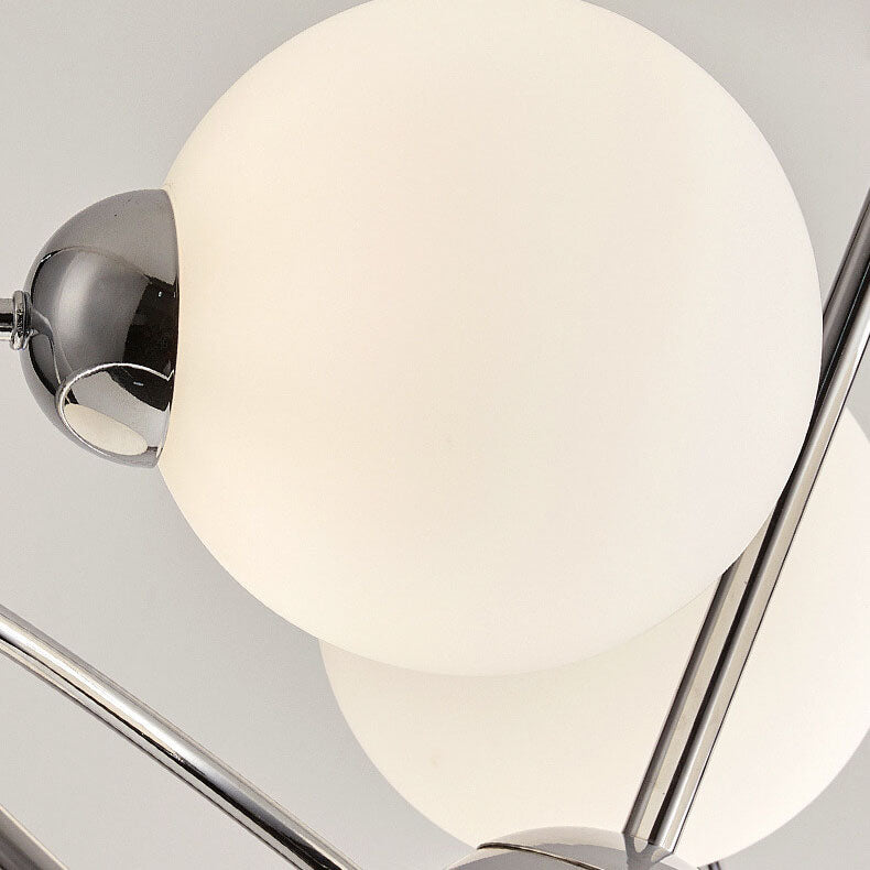Moderner Mid-Century Kronleuchter mit milchweißem Glasball und Chromring, 6-Licht für Wohnzimmer 