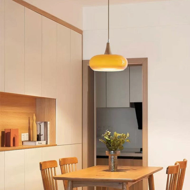 Zeitgenössische Einfachheit Persimmon Glas Form Holz 1-Licht Pendelleuchte für Wohnzimmer 