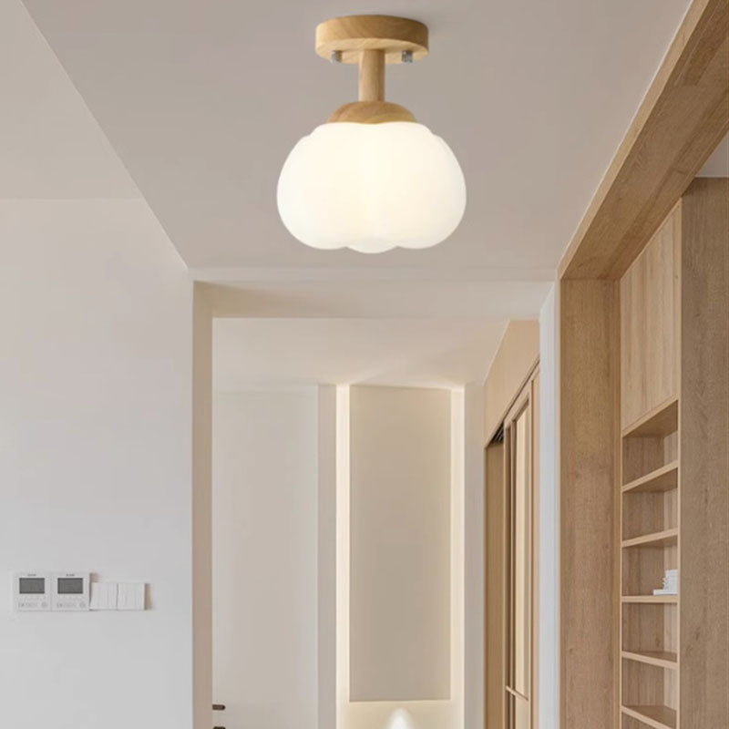 Monture de plafond semi-encastrée à 1 lumière en bois de caoutchouc de simplicité moderne PE citrouille ronde pour couloir 