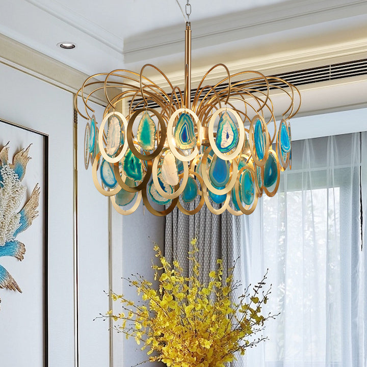 Zeitgenössischer skandinavischer Blumenstrauß-förmiger runder Eisen-Onyx-Sand-Gold-Kronleuchter mit 5/8 Lichtern für Wohnzimmer 