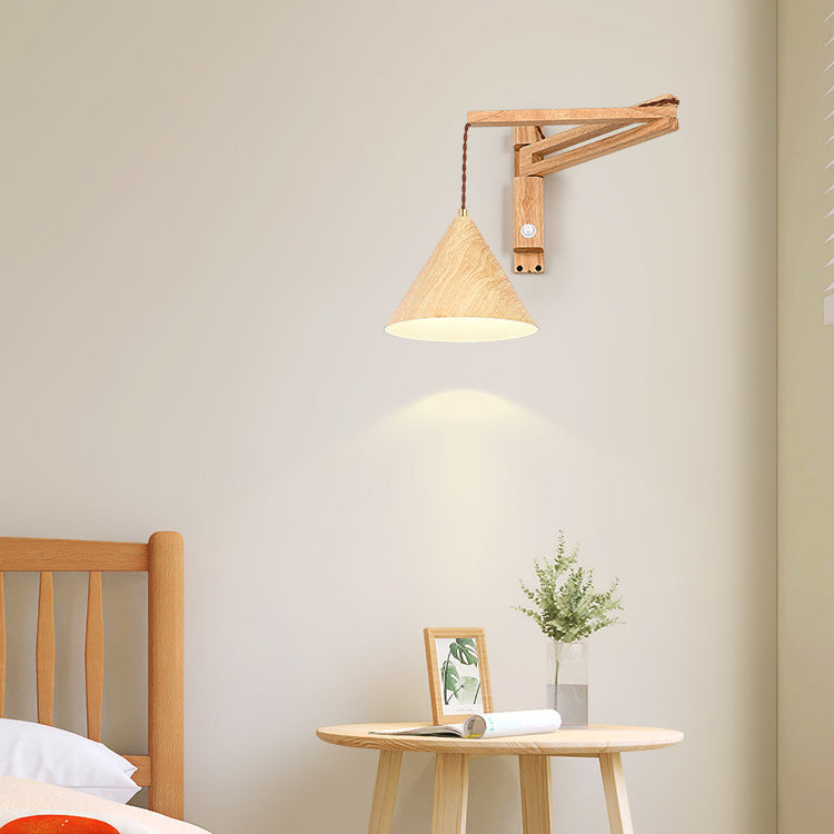 Applique murale moderne minimaliste conique rétractable en fer long, grain de bois tourné, pour chambre à coucher 