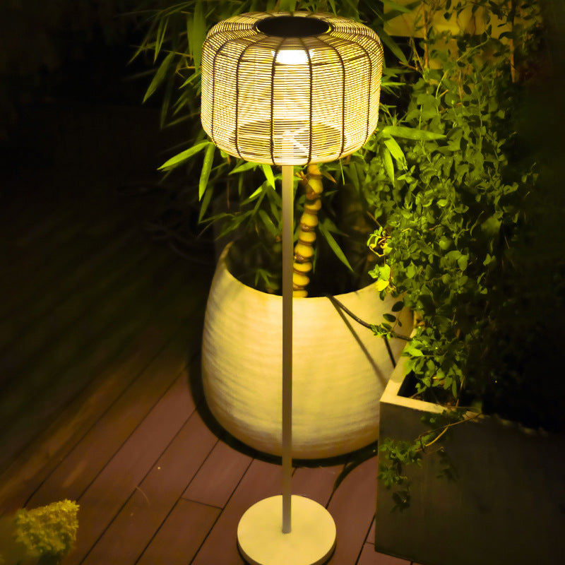 Contemporary Retro Solar Waterproof Weaving Rattan Metal Cylinder LED Landscape Lighting Outdoor Light For Outdoor Patio