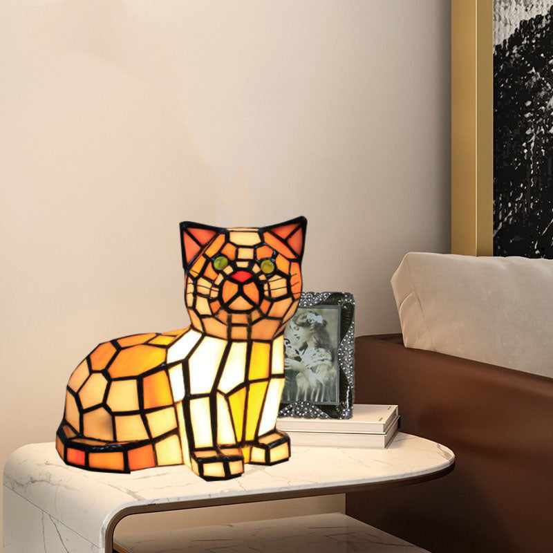 Lámpara de mesa de 1 luz con diseño de gato de vidrio Tiffany tradicional para dormitorio 