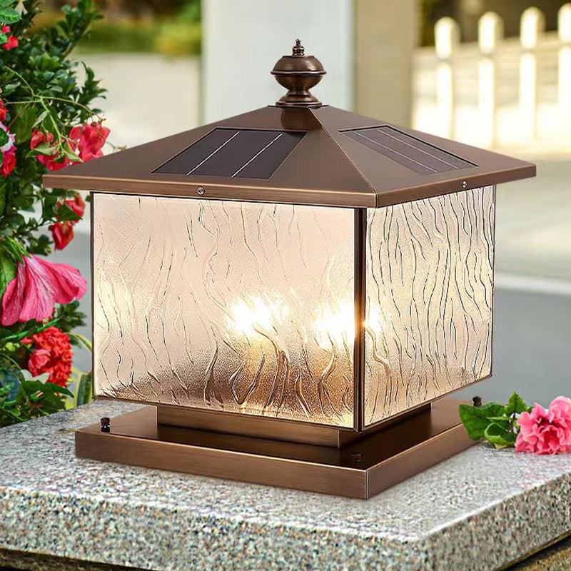 Luz de Poste de Cabeza de Vidrio Texturizado Cuadrado Solar Tradicional Europeo 1/2 para Patio Exterior 