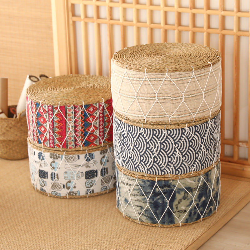 Contemporary Creative Round Cattail Fabric Low Stool For Living Room