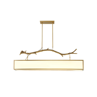 Moderne Art Deco Vollkupfer Zweig Stoff Rechteck Schatten 1-Licht Insel Licht Pendelleuchte für Wohnzimmer 