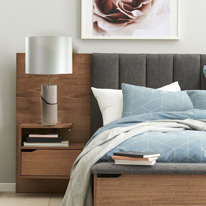 Moderne Übergangsstoff Schatten Leder Zylinder Basis 1-Licht Tischlampe für Schlafzimmer 