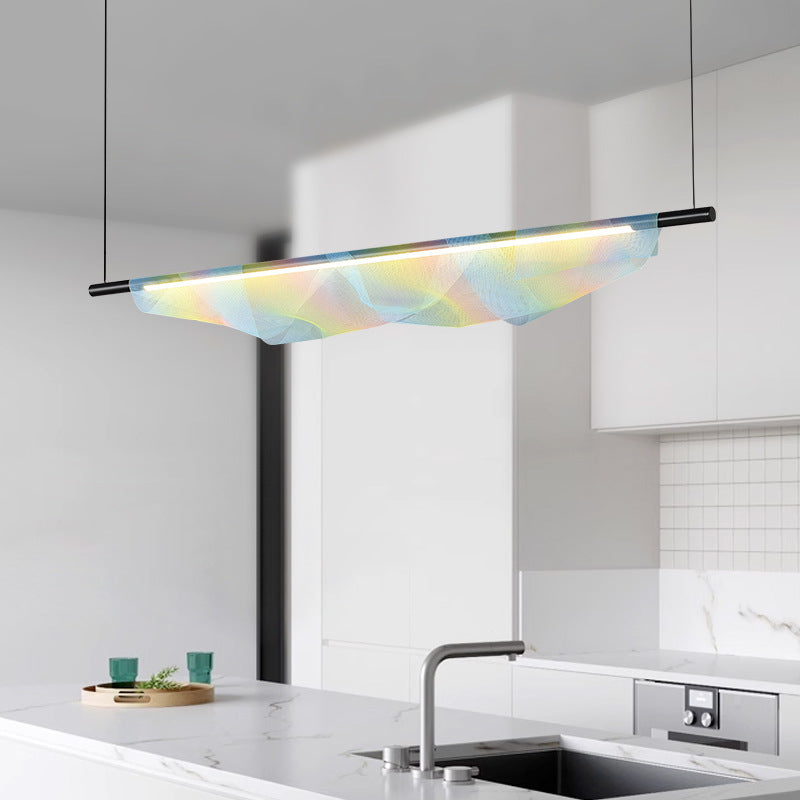 Moderno Minimalista Hierro Tira Larga Arcoíris Malla Decorativa LED Isla Luz Colgante Para Comedor 