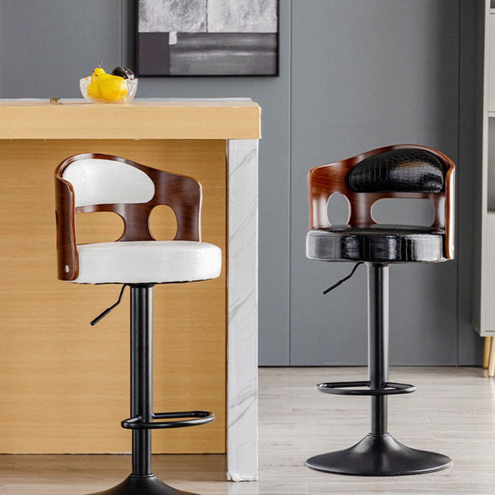 Contemporary Scandinavian Faux Leather Cotton-linen Bentwood Board Iron Round Bar Stool Backrest Footrest For Kitchen
