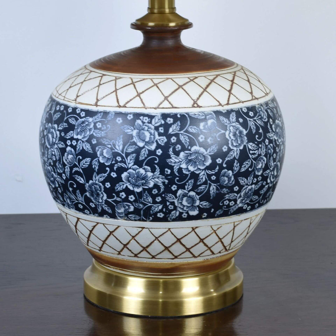 Traditional Chinese Round Ceramic Hardware Fabric Print Pleated Lampshade 1-Light Table Lamp For Bedroom