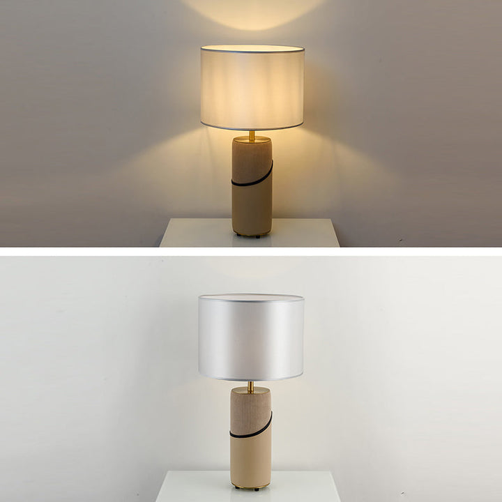 Moderne Übergangsstoff Schatten Leder Zylinder Basis 1-Licht Tischlampe für Schlafzimmer 