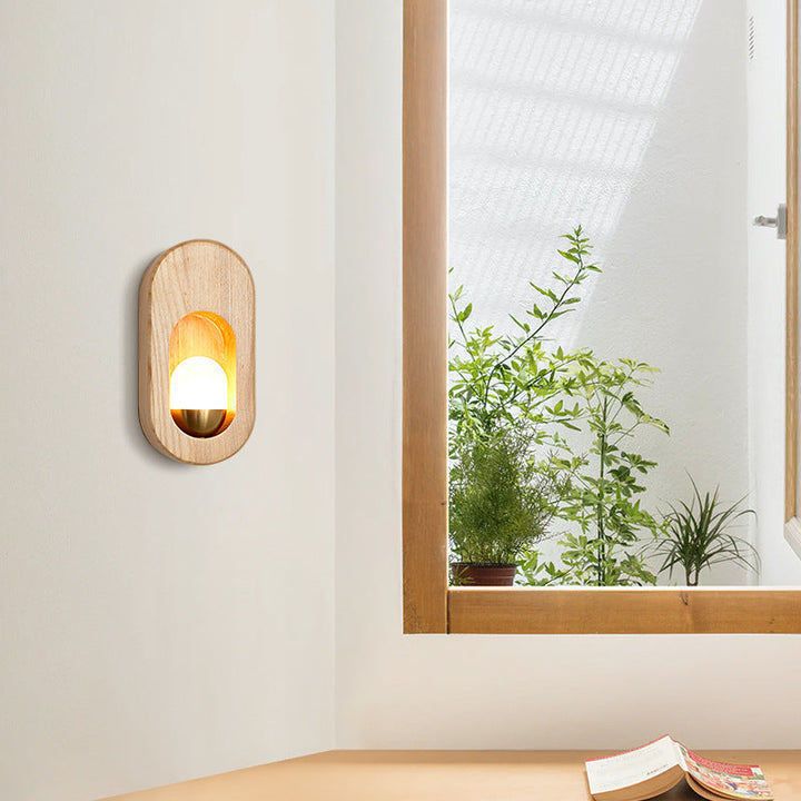 Applique murale 1 lumière en bois elliptique ultra-fin traditionnel japonais avec abat-jour en acrylique pour salon 