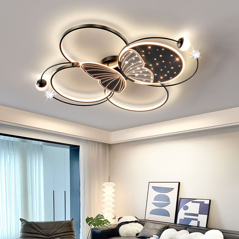Luz de techo LED empotrada de hierro acrílico creativa contemporánea con mariposa para dormitorio 