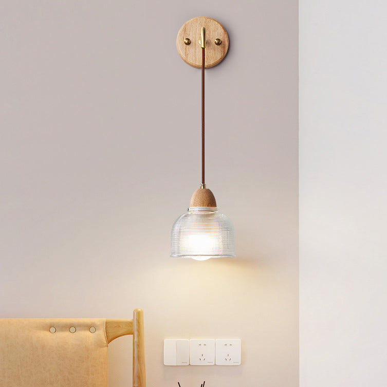 Contemporary Retro Cylinder Petal Cone Solid Wood Glass 1-Light Wall Sconce Lamp For Bedroom