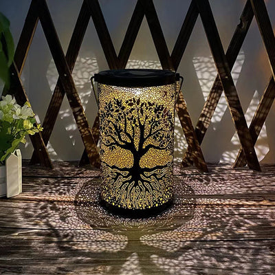 Traditional Farmhouse Solar Waterproof Iron Cylinder Tree Hollowed LED Hanging Landscape Lighting Outdoor Light For Garden