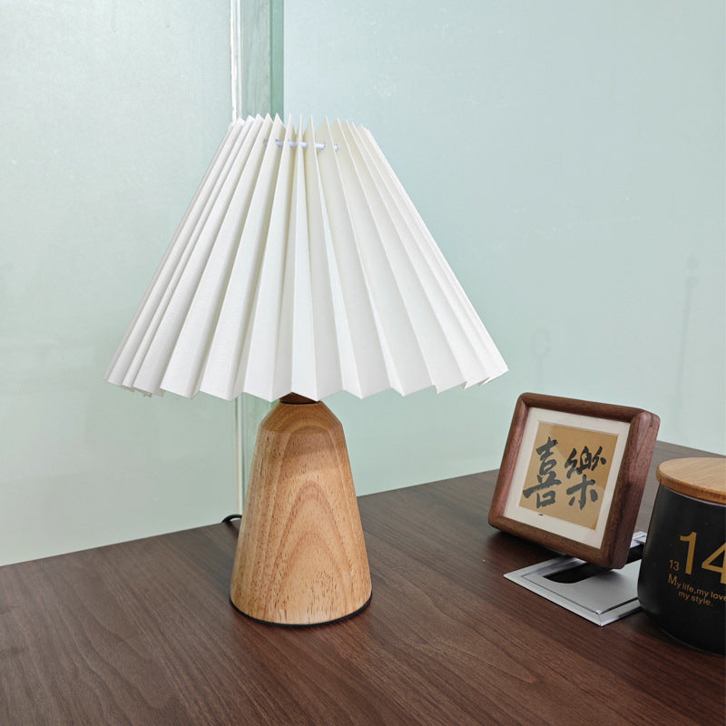 Lampe de table 1 lumière en bois avec tissu plissé trapézoïdal scandinave contemporain pour chambre 