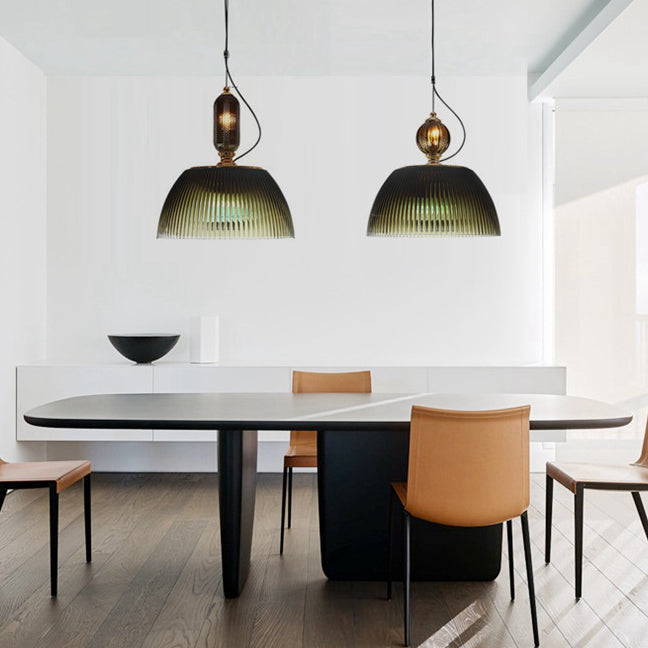 Lámpara colgante contemporánea retro de vidrio con rayas verdes y hierro de 2 luces para dormitorio 