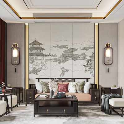 Traditional Chinese Brass Rubber Wood Glass Rectangular Cylinder Deer 1-Light Wall Sconce Lamp For Hallway