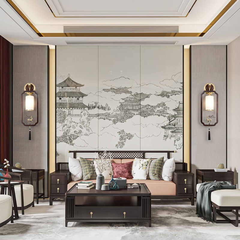 Traditional Chinese Brass Rubber Wood Glass Rectangular Cylinder Deer 1-Light Wall Sconce Lamp For Hallway