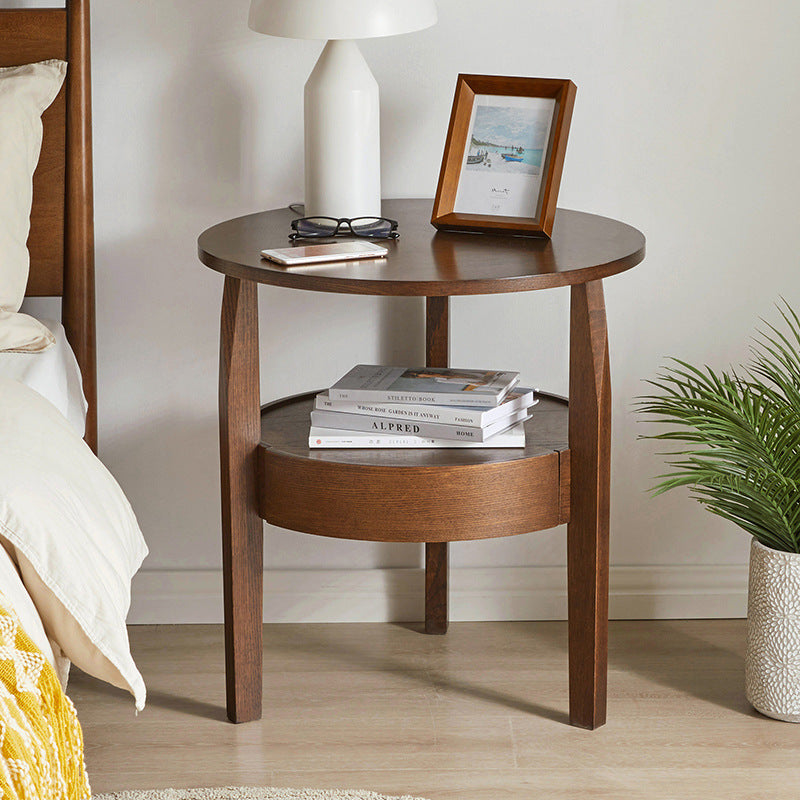 Mesa auxiliar redonda contemporánea, retro y vintage de madera de caucho, madera de pino y contrachapado con cajón de 2 niveles para sala de estar 