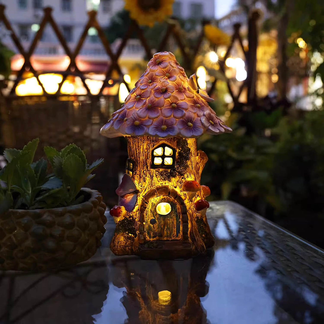現代的なクリエイティブ樹脂ツリーハウスフラワーマッシュルームデコールLEDソーラー芝生ライトガーデン用 