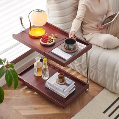 Table d'appoint rectangulaire en bois et acier inoxydable nordique contemporain à 2 niveaux, mobile et vivable pour le salon 