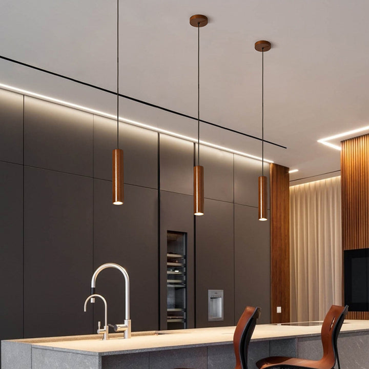 Suspension LED moderne minimaliste en bois de caoutchouc en forme de cylindre pour chambre 