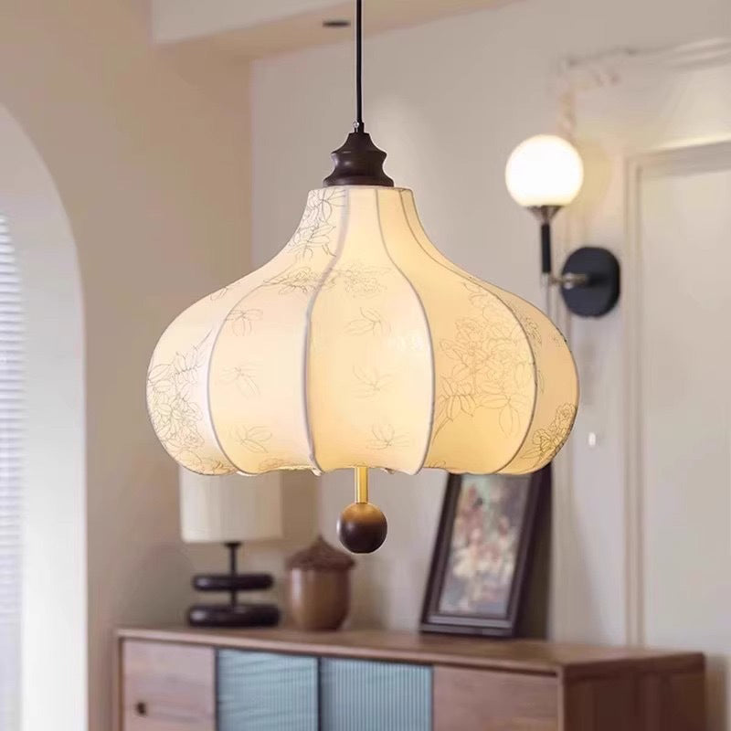 Suspension Luminaire Traditionnel Vintage en Forme de Châtaigne Ronde en Tissu Bois Massif 3/5 Lumières pour Salon 