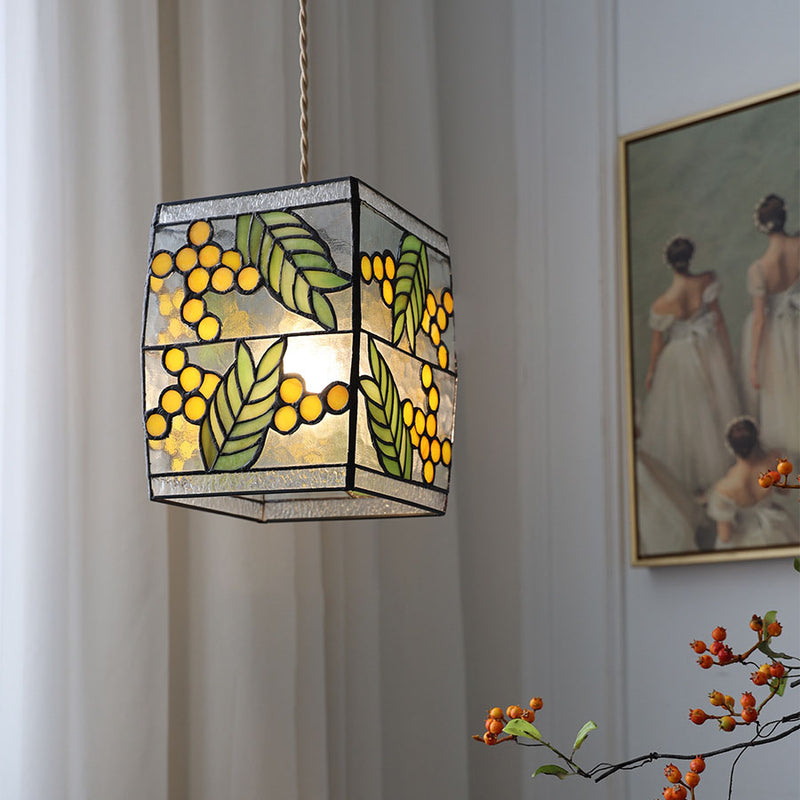Japanese Vintage Square Copper Stained Glass 1-Light Pendant Light