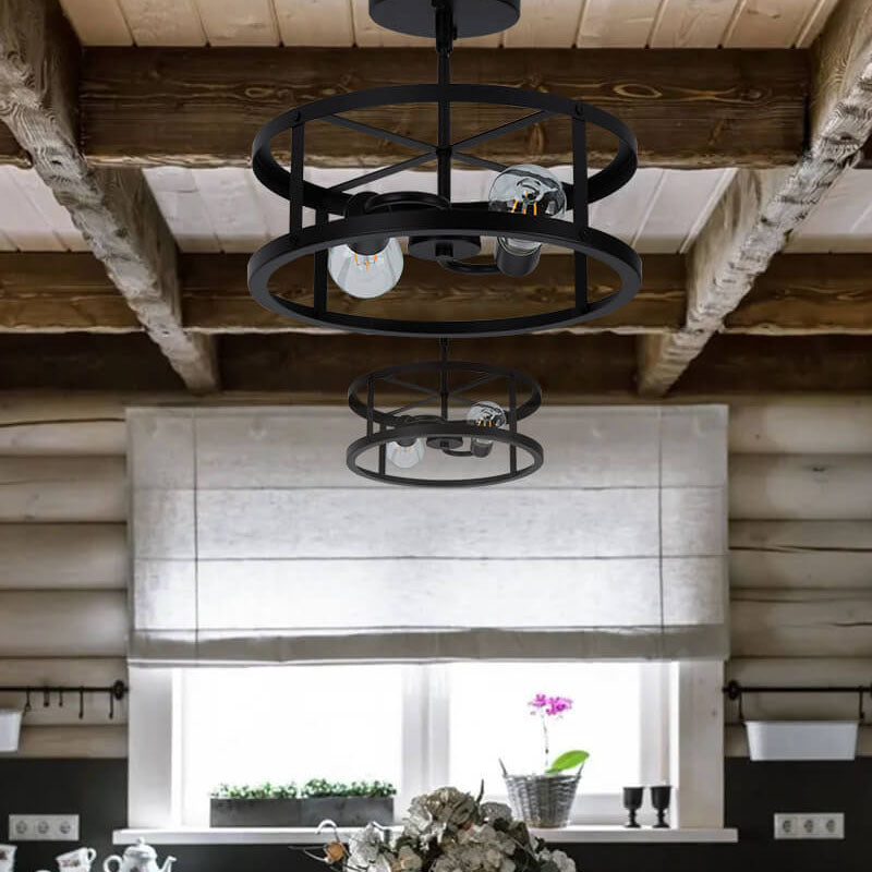 French Industrial Matte Black Wrought Iron Circle 2-Light Flush Mount Ceiling Light