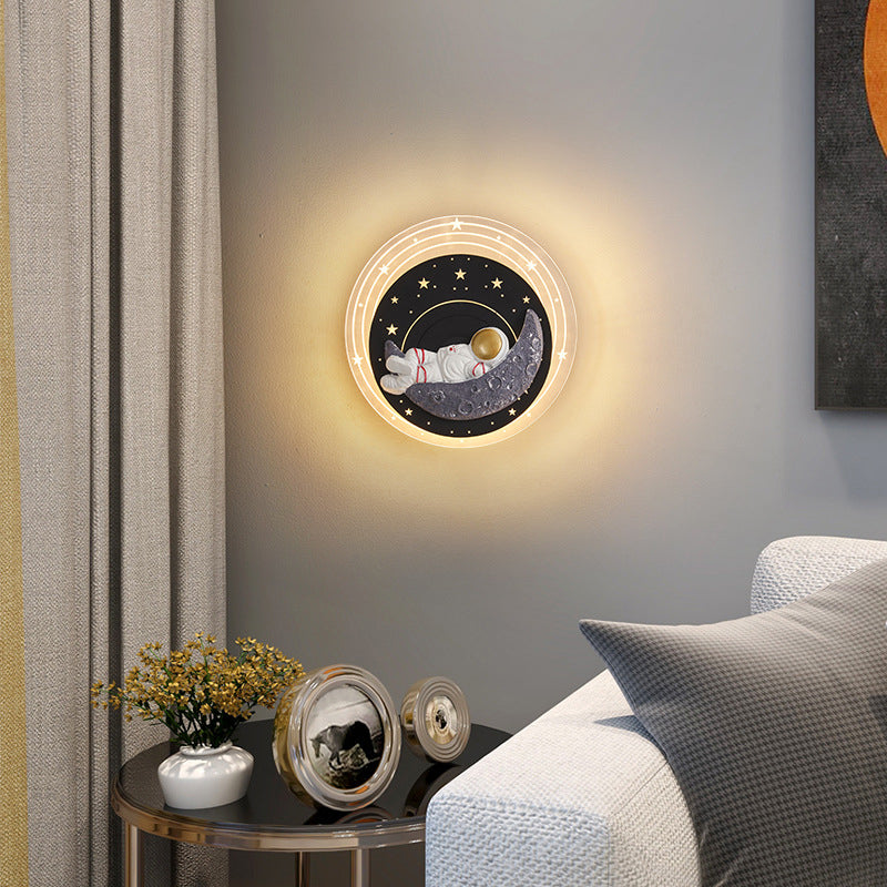 Zeitgenössische kreative Sternenhimmel Mond Harz Astronaut Runde LED Wandleuchte Lampe für Wohnzimmer 