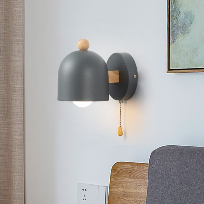 Contemporary Nordic Rubberwood Iron Dome Shade Log Pull Cord 1-Light Wall Sconce Lamp For Bedroom