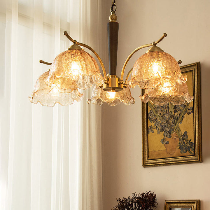 Chandelier en verre à pétales vintage traditionnel tout en cuivre avec 3/5 lumières pour salon 