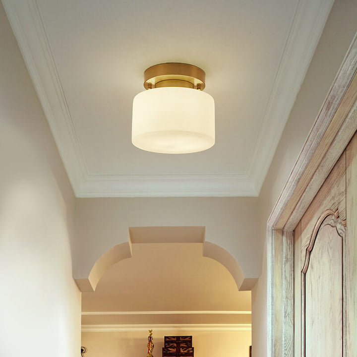 Modern Minimalist Drum Glass Copper 1-Light Semi-Flush Mount Ceiling Light for Living Room