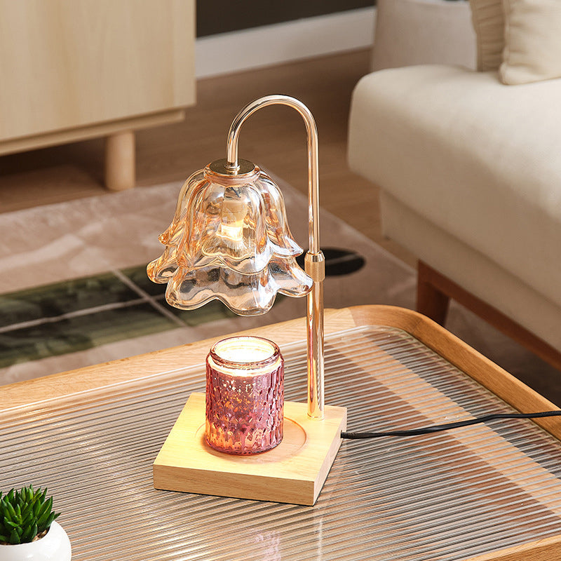Modern Art Deco Floral Glass Metal Wood 1-Light Melting Wax Table Lamp For Bedroom