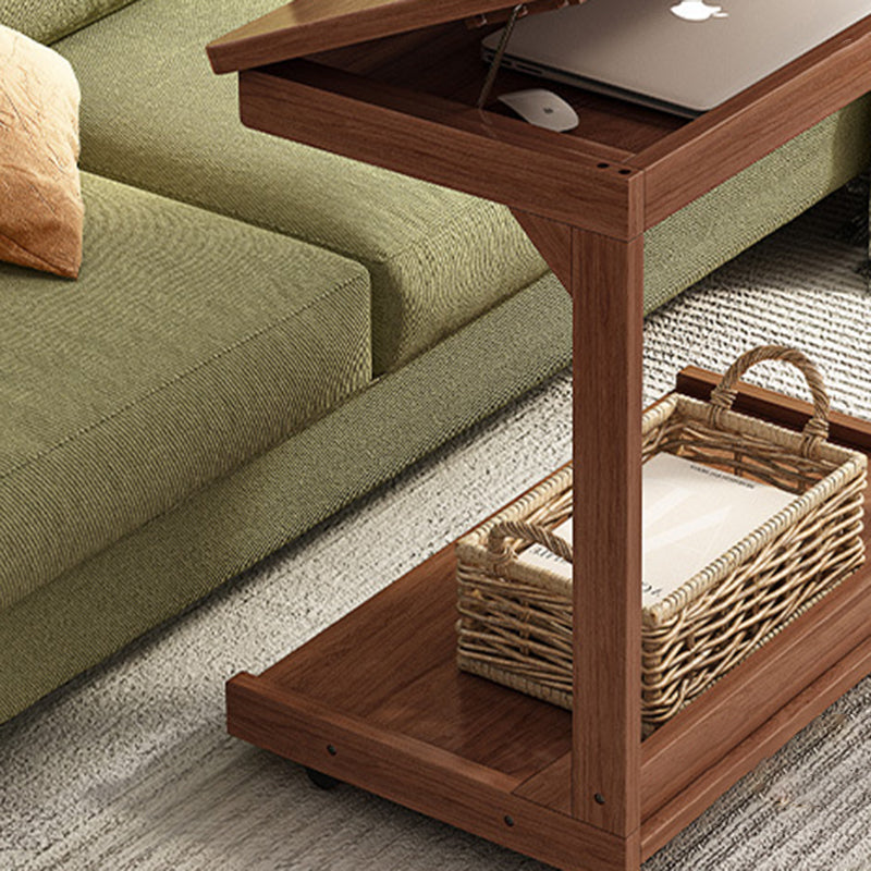 Traditional Vintage Square MDF Rubberwood Flip-top Side Table 2-Tier Storage Shelves For Living Room