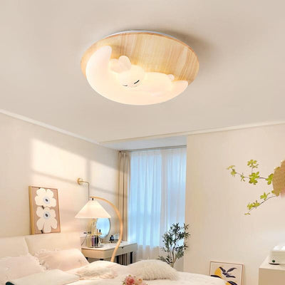 Modern Art Deco Airplane Clouds Moon Acrylic Wood LED Flush Mount Ceiling Light For Living Room